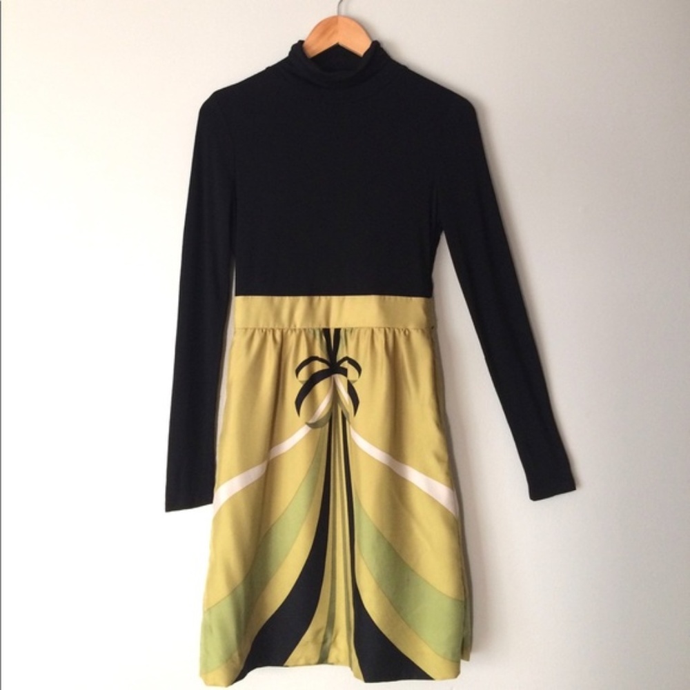 Vintage Phoebe Couture Black Green Rayon Silk Turtleneck Dress